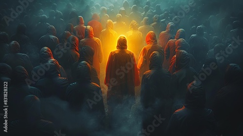 One illuminated person in a crowd of dark figures, representing uniqueness and standing out, Dramatic, Soft lighting, Digital Art photo