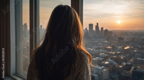 back of the woman looks out the window at the city atmosphere at sunset © Thachakrit
