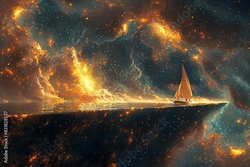 The flat Earth with a boat sailing near the edge against a starry background, depicting a whimsical journey, Fantasy, High contrast, Digital Art