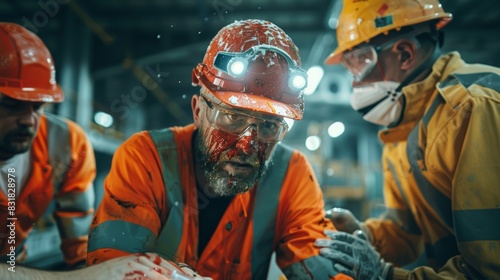 Coworker Providing First Aid to Worker with Chemical Spill on Skin and Face - Workplace Accident, Occupational Safety and Health, Industrial, Construction Site, Emergency Response, AI-Generated 4K Wal