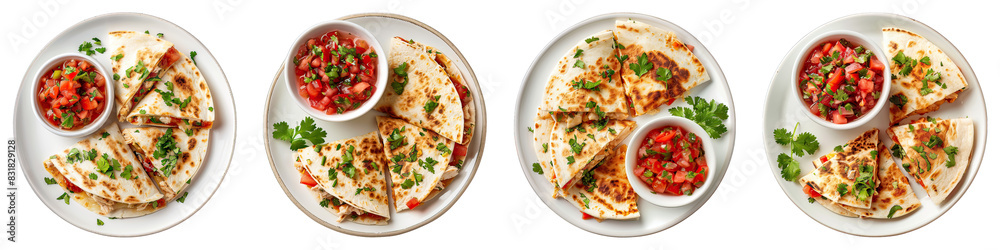 Chicken Quesadilla On A Plate With A Bowl Of Salsa isolated on transparent png background collection set . Generative ai Chicken Quesadilla On A Plate With A Bowl Of Salsa isolated on transparent png background collection set . Generative ai
