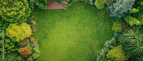 Aerial view of a lush green garden with neatly manicured lawn surrounded by various trees and plants in vibrant colors.