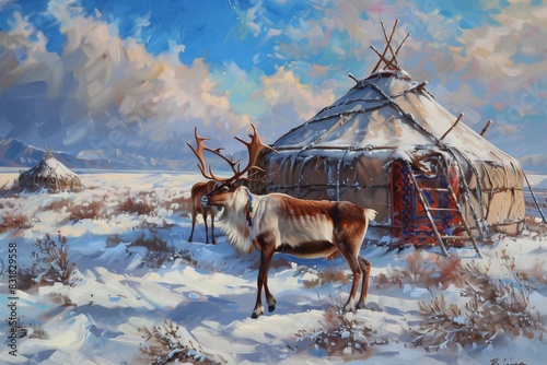 reindeer graze around the yurt