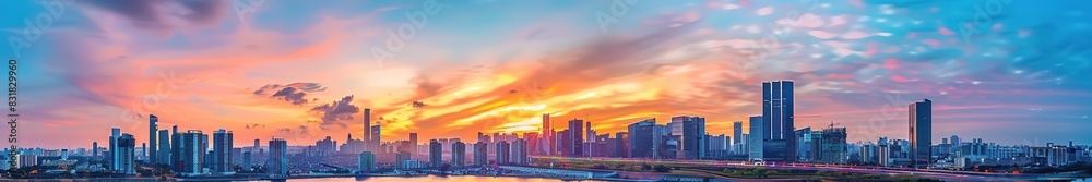 Panoramic city skyline at sunset with vibrant colors