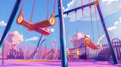 A virtual playground with swings and seesaws each operated by a different cryptocurrency.
