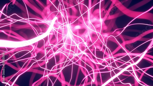 A network of glowing neon wires, creating a complex web of bright pink and white lines against a dark, minimalist background.