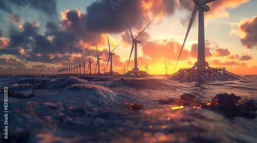 A network of tidal energy converters at a coastal site, shown during sunset with turbines partially submerged and harnessing wave power. photo