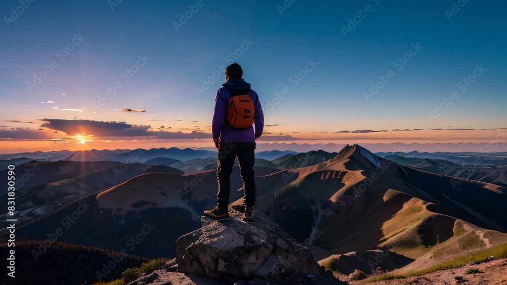 A man stands on a mountain top with a backpack on. The sun is setting in the background, casting a warm glow over the scene.