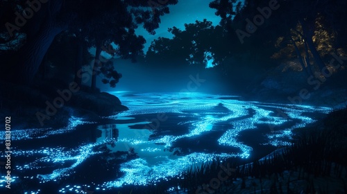 A night scene of a bioluminescent bay  where the water glows with a magical blue light due to the presence of microorganisms  surrounded by a dark forest silhouette.