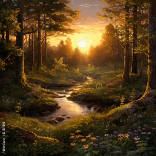 A tranquil forest stream winds through lush greenery bathed in warm sunlight. Vibrant flowers bloom along the banks