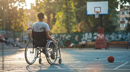 Disabled Young Man Feeling Excluded Unable to Play Basketball with Friends Due to Wheelchair - Disability Inclusion, Accessibility, Sports, Diversity, Assistive Technology, AI-Generated 4K Wallpaper

 photo