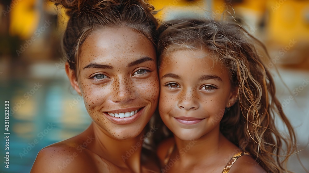 a cheerful mother and daughter hugging on a bright yellow background a cheerful mother and daughter hugging on a bright yellow background