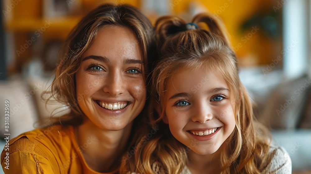 a cheerful mother and daughter hugging on a bright yellow background a cheerful mother and daughter hugging on a bright yellow background