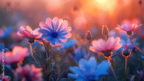 A tranquil meadow with wildflowers softly illuminated by the setting sun