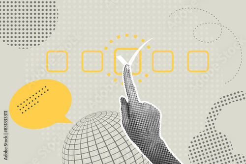 Fashionable halftone collage. Checklist concept. A human hand makes the correct checkboxes to check.