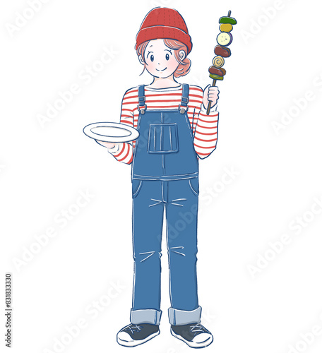 バーベキューをする女の子　アウトドア