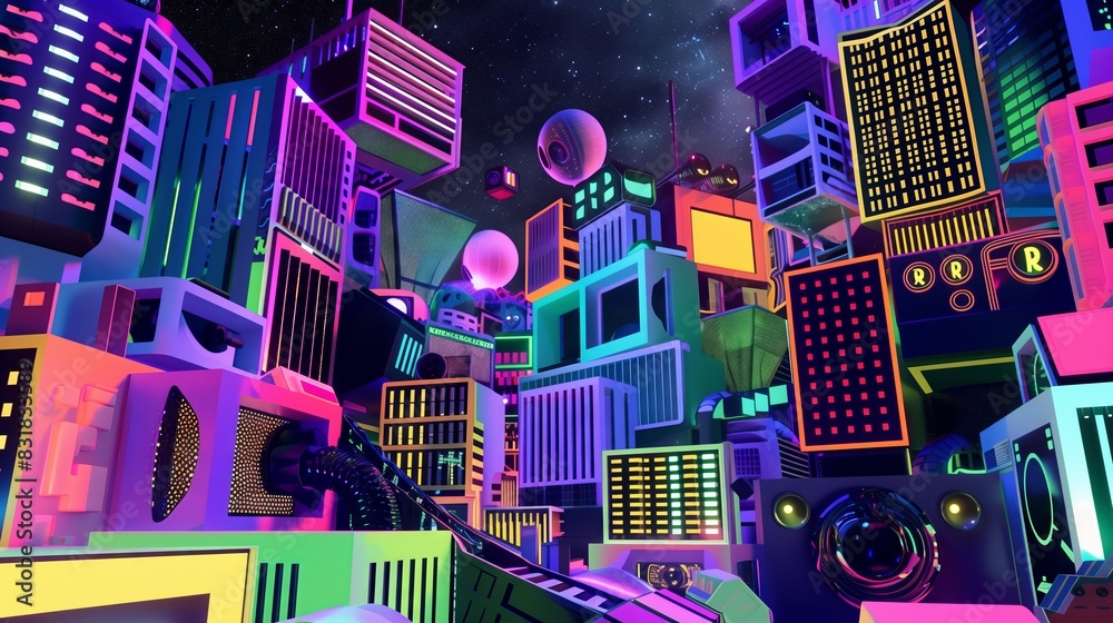 Obraz premium A whimsical cyberpunk cityscape with towering buildings pulsing to thumping bass lines of a virtual concert.