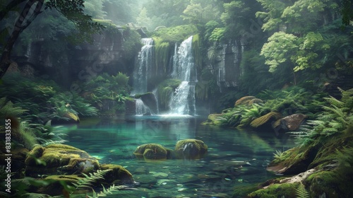 Tropical Waterfall and Lush Green Pool