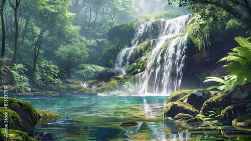 Tropical Waterfall and Lush Green Pool