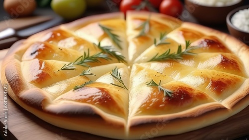 Khachapuri pastry pie with cheese. Traditional georgian cuisine. Khachapuri on wooden table. Tbilisi food photo