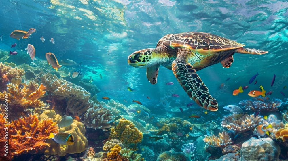 Fototapeta premium Sea Turtle Swimming Among Colorful Coral Reefs