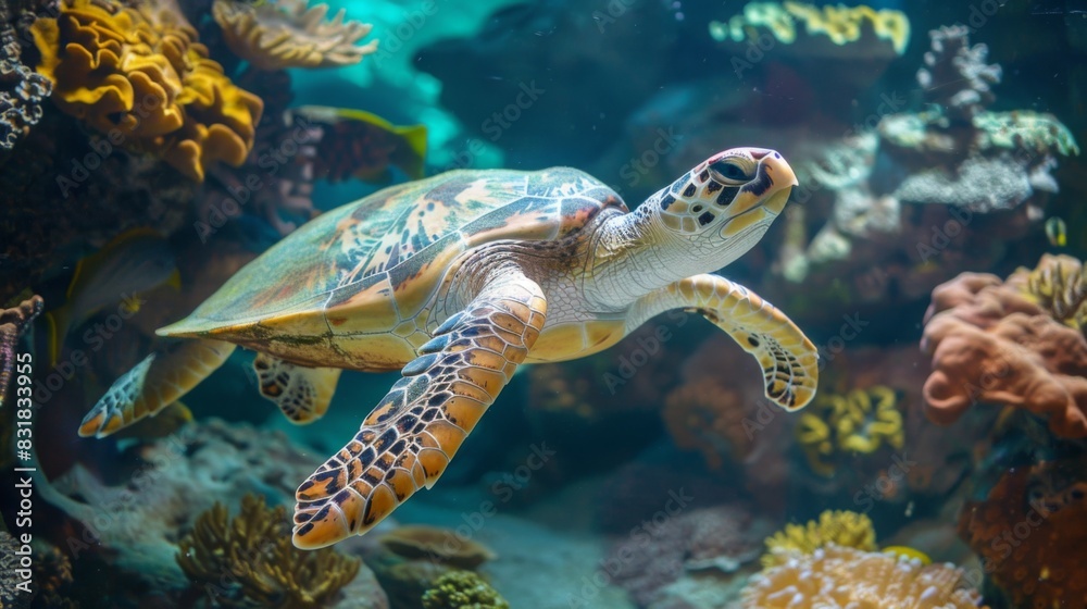 Fototapeta premium Sea Turtle Gliding Through Colorful Coral Reef