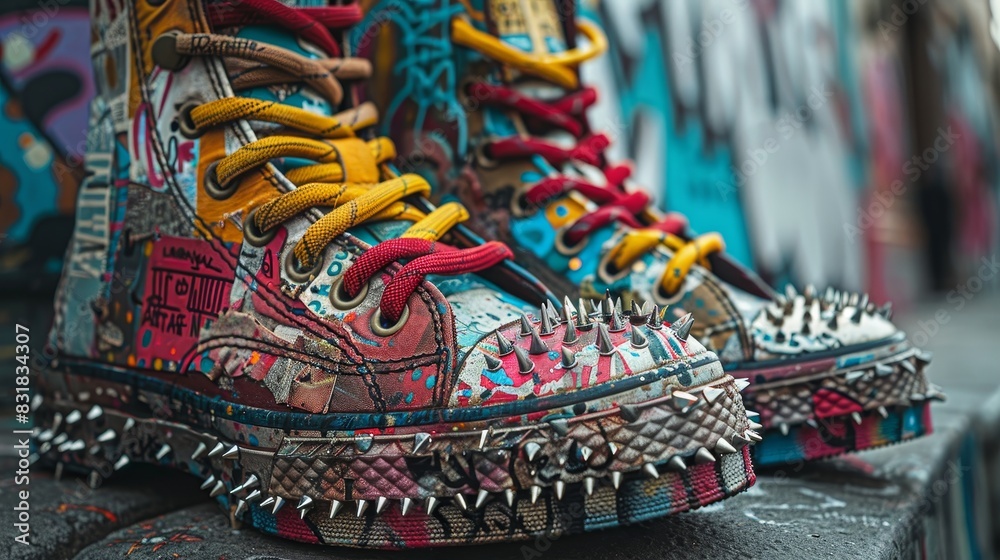 Fototapeta premium Close-up of vibrant punk-themed leather shoes with bold studs, spikes, and colorful graffiti-style designs