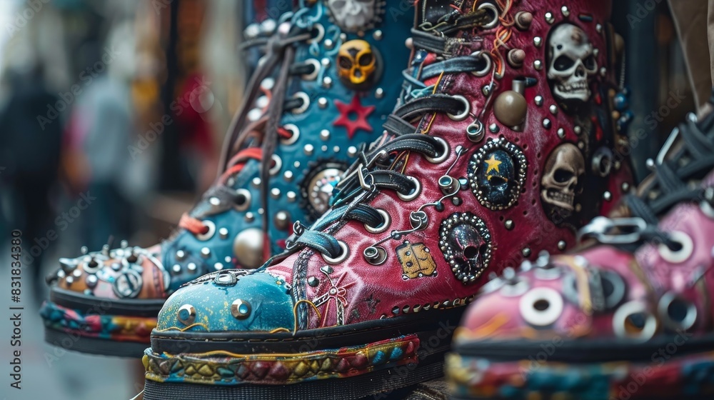 Close-up shot of leather punk rock shoes with bright, colorful designs, bold stitching, and intricate metal decorations