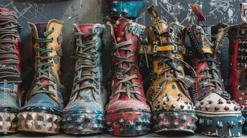 Close-up shot of men's and women's vintage rock shoes, capturing the punk elements with vibrant colors, distressed materials, and unique embellishments Close-up shot of men's and women's vintage rock shoes, capturing the punk elements with vibrant colors, distressed materials, and unique embellishments