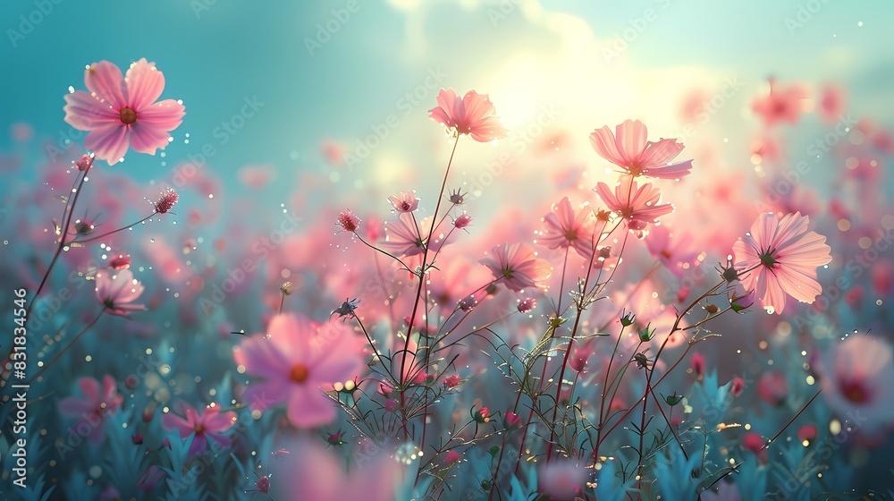 A tranquil meadow with wildflowers in soft, pastel colors gently swaying in the breeze
