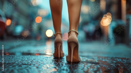 Close-up view of slender legs in high heels, with a focus on the contrast between the polished shoes and the rough urban street