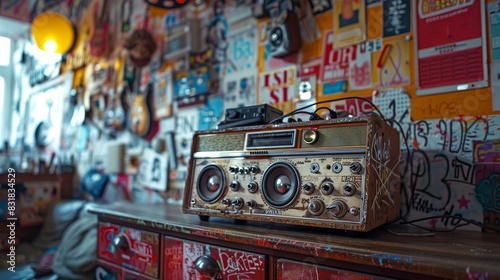 Detailed close-up of a punk room corner, showcasing a vintage boombox, studded decor, and bold, vibrant wall art