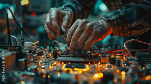 Detailed close-up of hands repairing a car audio system, capturing the intricate details of the electronic components and wiring © Alpha