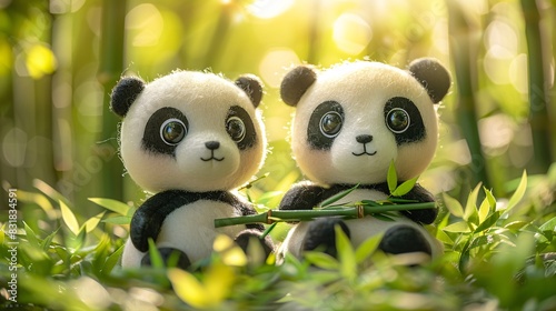A cuddly felt art toy panda with big  black eyes and a bamboo shoot in its paw. The front view shows it holding the treat close  the back view reveals its fluffy black and white fur. Soft  warm light