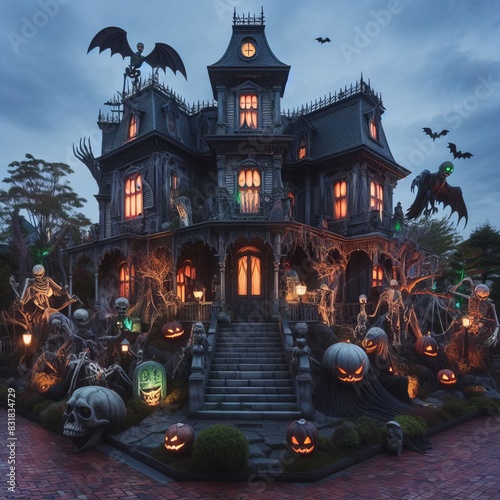 A haunted mansion scene in a public park, with spooky decoration photo