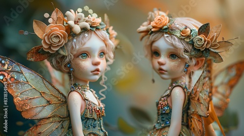 An enchanting art toy of a little fairy with glittery wings and a flower crown. The front and back views highlight the toy s detailed dress and delicate wings. The background is a bright, vibrant photo