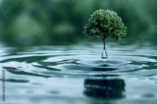 A water drop with tree in it, in the style of light green and dark azure, detailed world-building, 