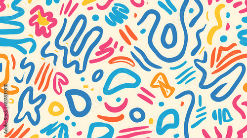 Fun colorful line doodle seamless pattern. Creative abstract style art symbol background for children or celebration design with basic shapes. Simple childish scribble wallpaper print.