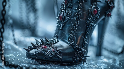 Macro shot of a gothic rock high-heeled shoe, featuring edgy spikes, heavy chains, and dark, luxurious materials photo