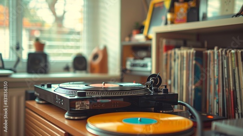 Macro shot of a punk-themed room, highlighting a record player, colorful vinyl records, and edgy, DIY decor elements photo