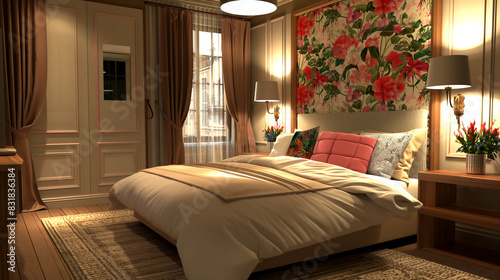 Elegant Bedroom Interior with Floral Accent Wall and Soft Lighting. Generative AI  © Volodymyr