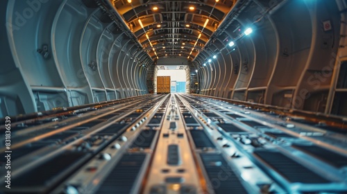 Detailed shot of a cargo hold on a commercial airplane, with containers being methodically loaded for global transport