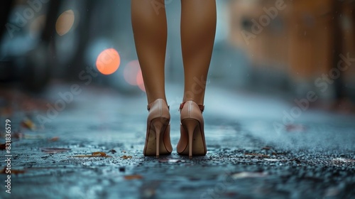Extreme close-up of high heels on slender legs, capturing the fine details of the shoes and the street's worn surface