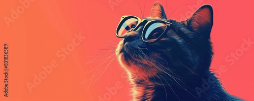 Cool cat with glasses looking up on orange background. photo