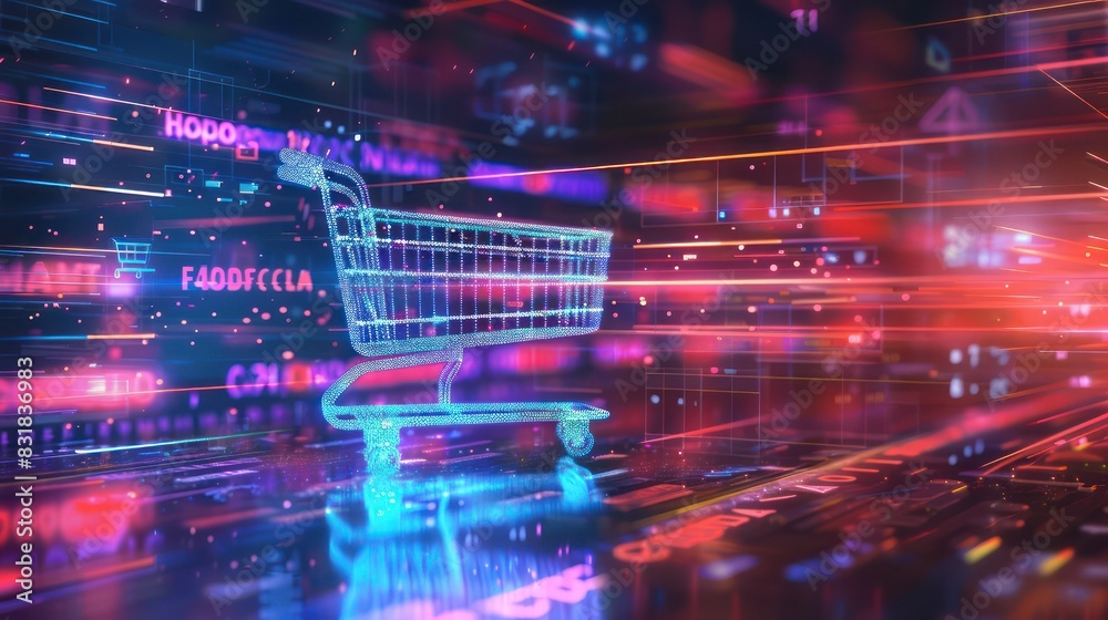 Obraz premium A dynamic 3D render of a holographic shopping cart icon floating in a digital space, with neon light effects and holographic code streams adding visual interest to the background. 