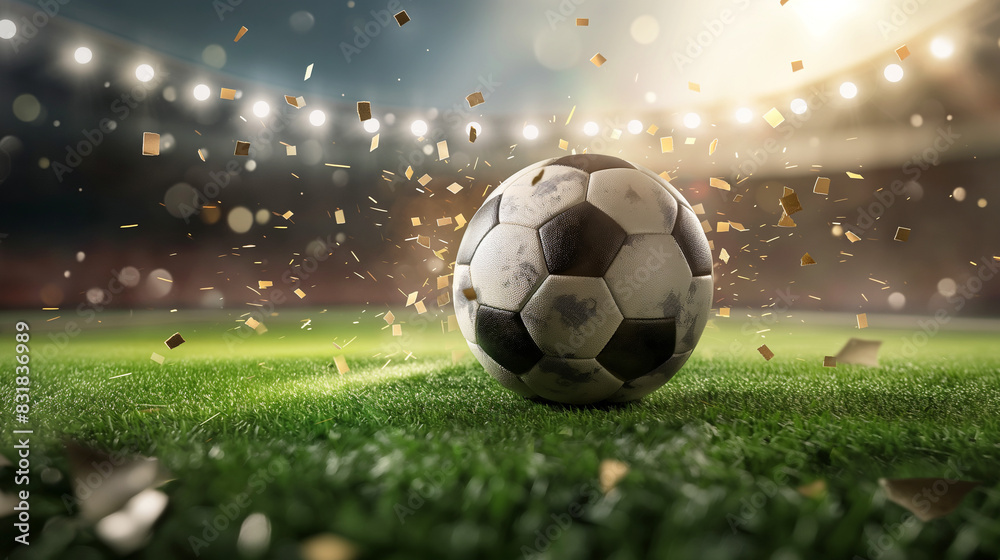 Fototapeta premium Soccer ball on grass field with confetti under stadium lights. Copy space. 