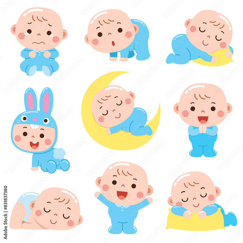 Adorable Cartoon Baby in Different Sleepy and Playful Poses Adorable Cartoon Baby in Different Sleepy and Playful Poses