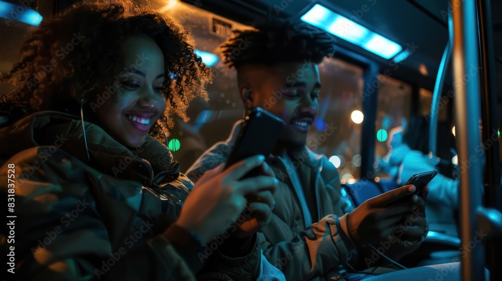 A candid image of a young couple's faces illuminated by the glow of their smartphones as they chat on the bus. A candid image of a young couple's faces illuminated by the glow of their smartphones as they chat on the bus.
