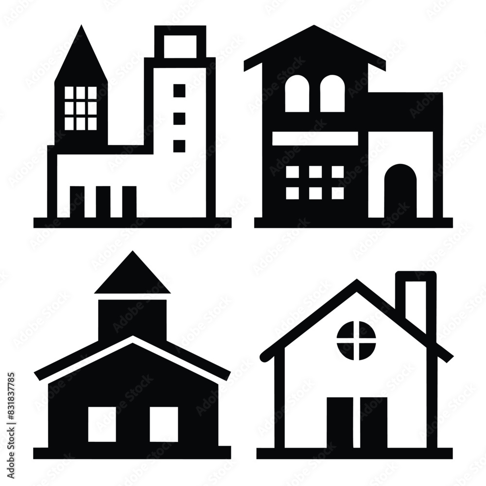 Set of Solid black outline building icon, house vector, structure on white background