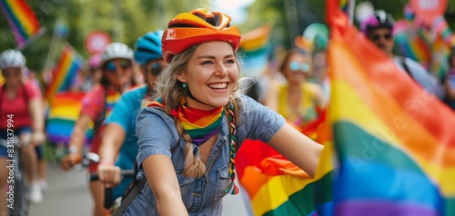 Smiling Woman Biking with Rainbow Flag at Pride.